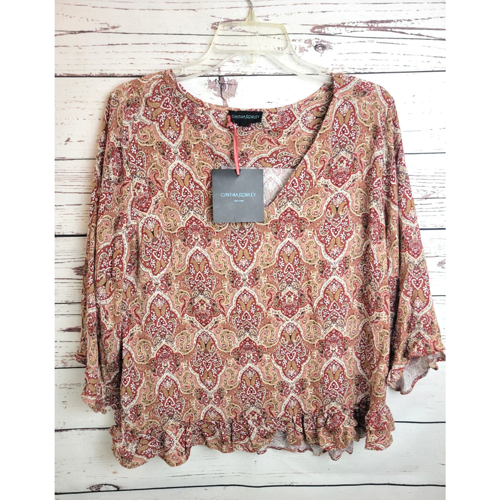 NWT Cynthia Rowley Brown Tan Paisley V-Neck 3/4‎ Sleeve Top Women's Size Large